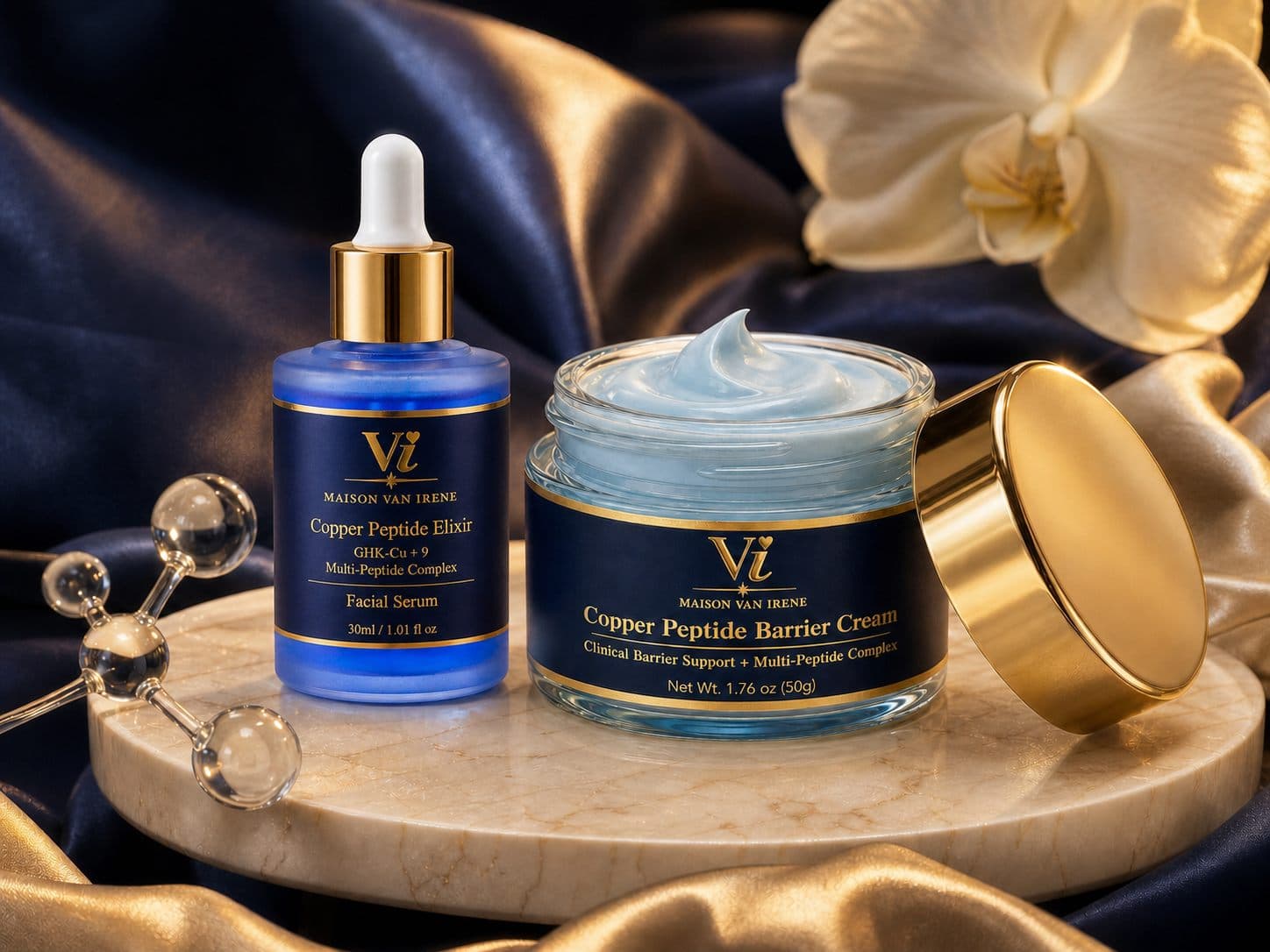 Copper Peptide Elixir and Barrier Cream on a marble pedestal over navy and gold silk — clinical luxury
