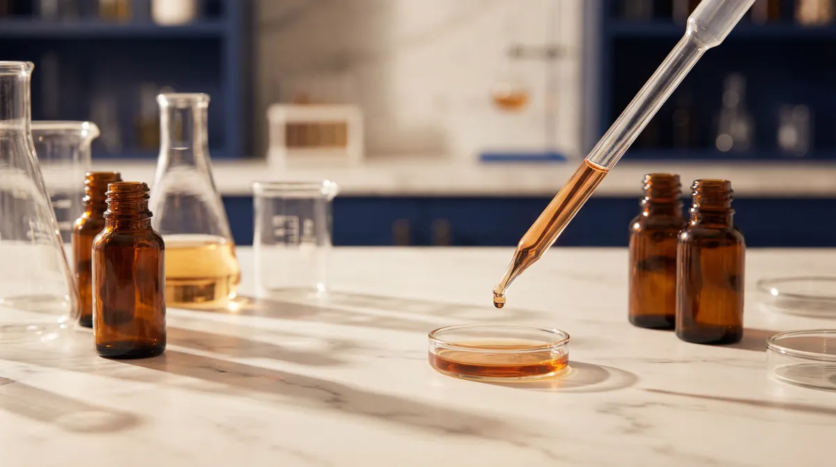 Precision laboratory with pipette and amber vial — formulating Maison Van Irene serums