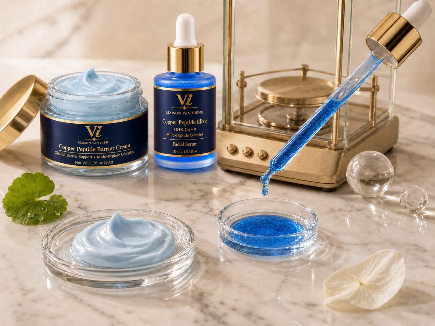 Maison Van Irene formulation bench — Copper Peptide Elixir and Barrier Cream beside a gold precision scale