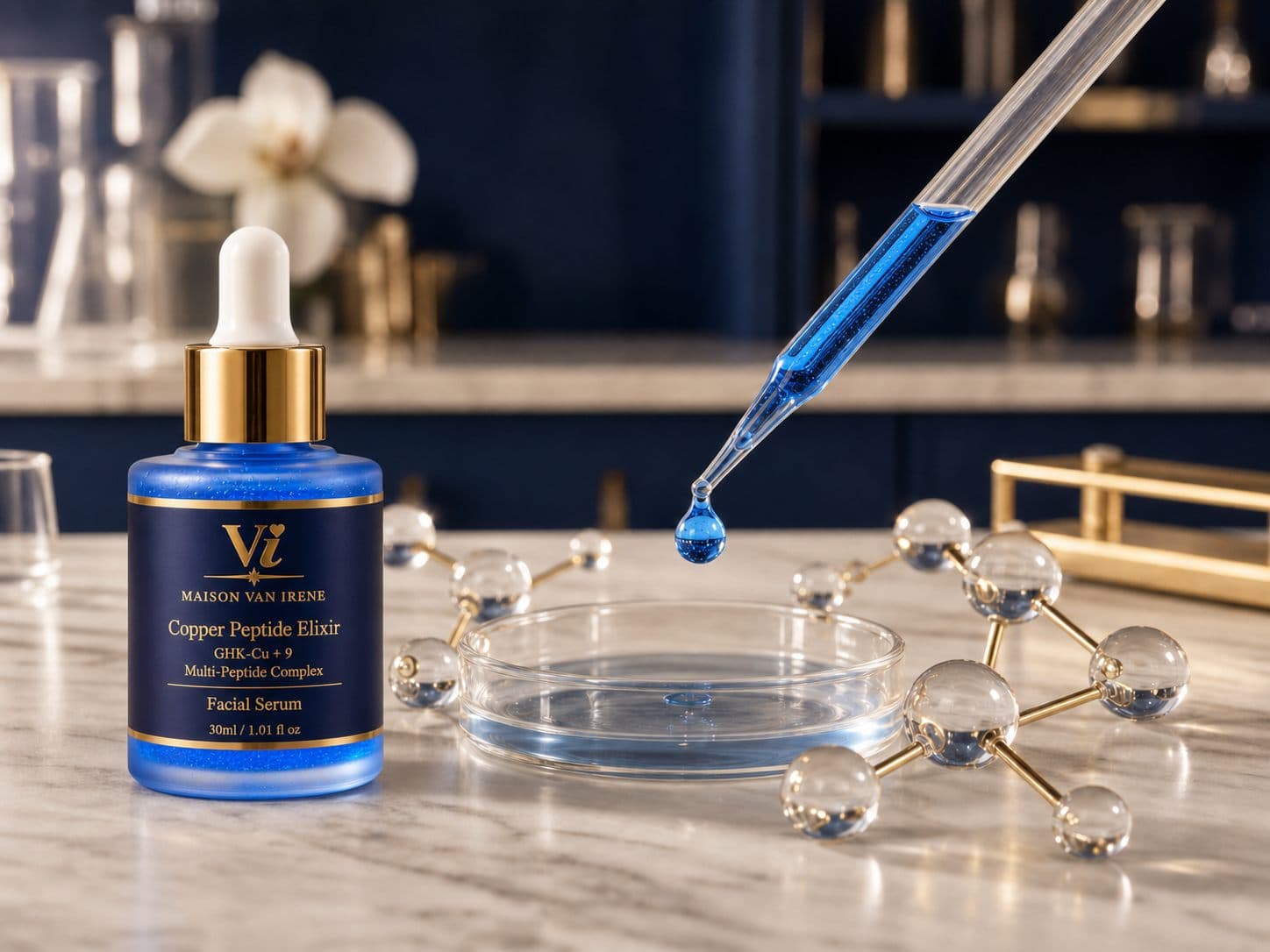 Copper Peptide Elixir en el laboratorio — gotero liberando sérum azul en una placa de Petri entre modelos moleculares