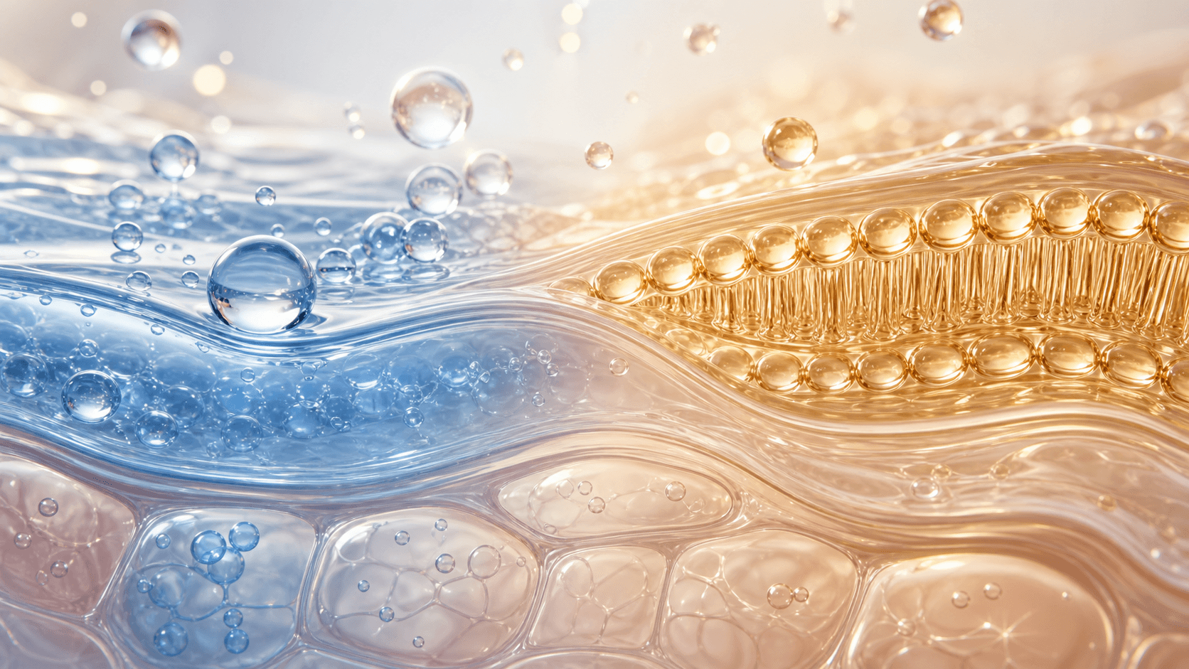 A macro view of skin science — blue hydration droplets meeting a golden lipid barrier above translucent skin cells.