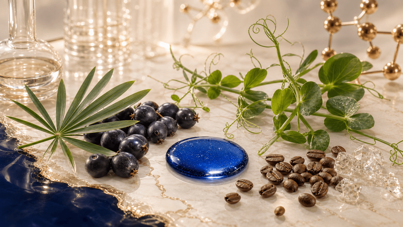 Saw palmetto berries, pea shoots, coffee beans, and cobalt serum arranged as a botanical science still life