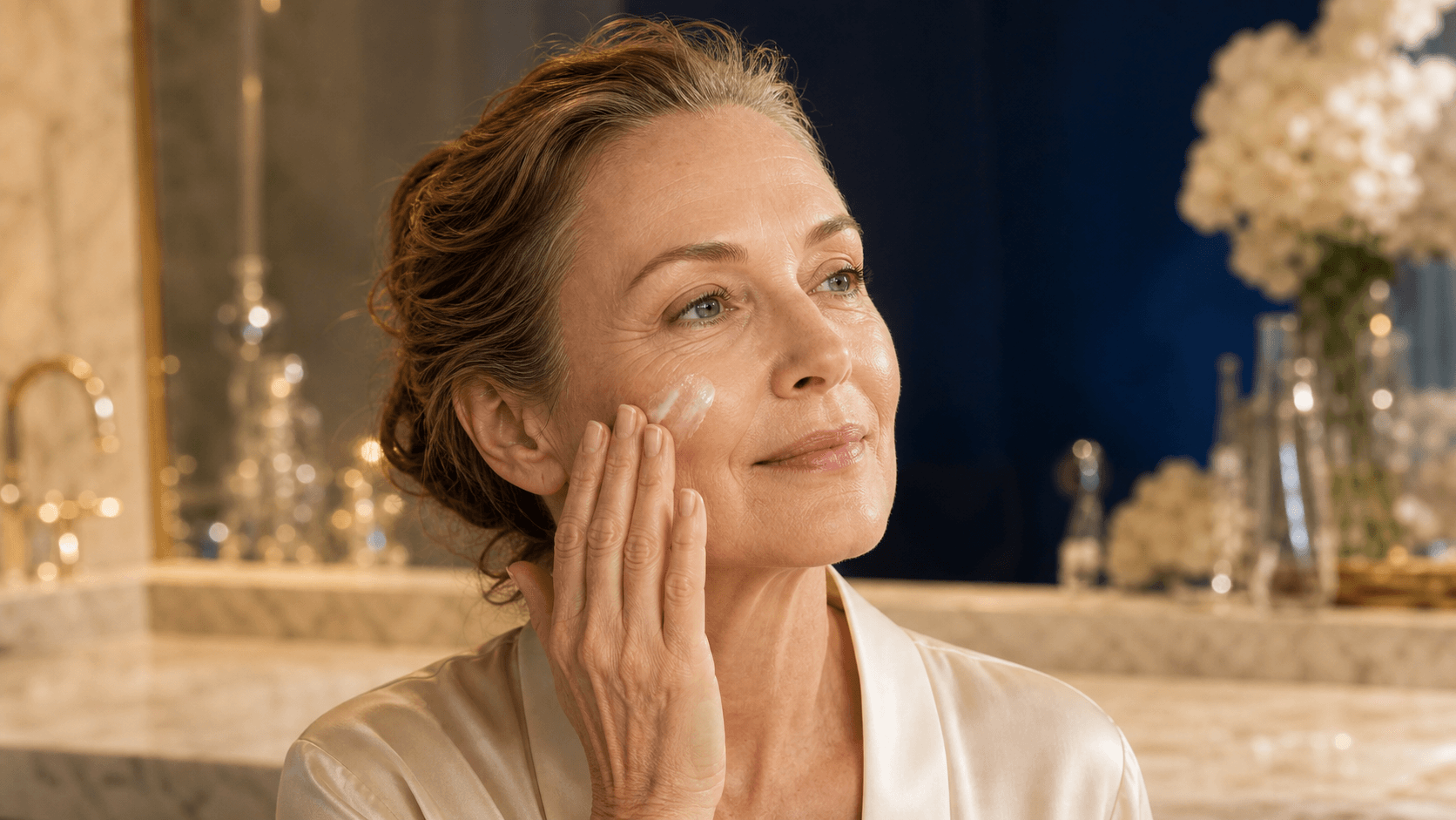A woman in a silk robe pressing cream into her cheek at a marble vanity, softly lit by warm candlelight.
