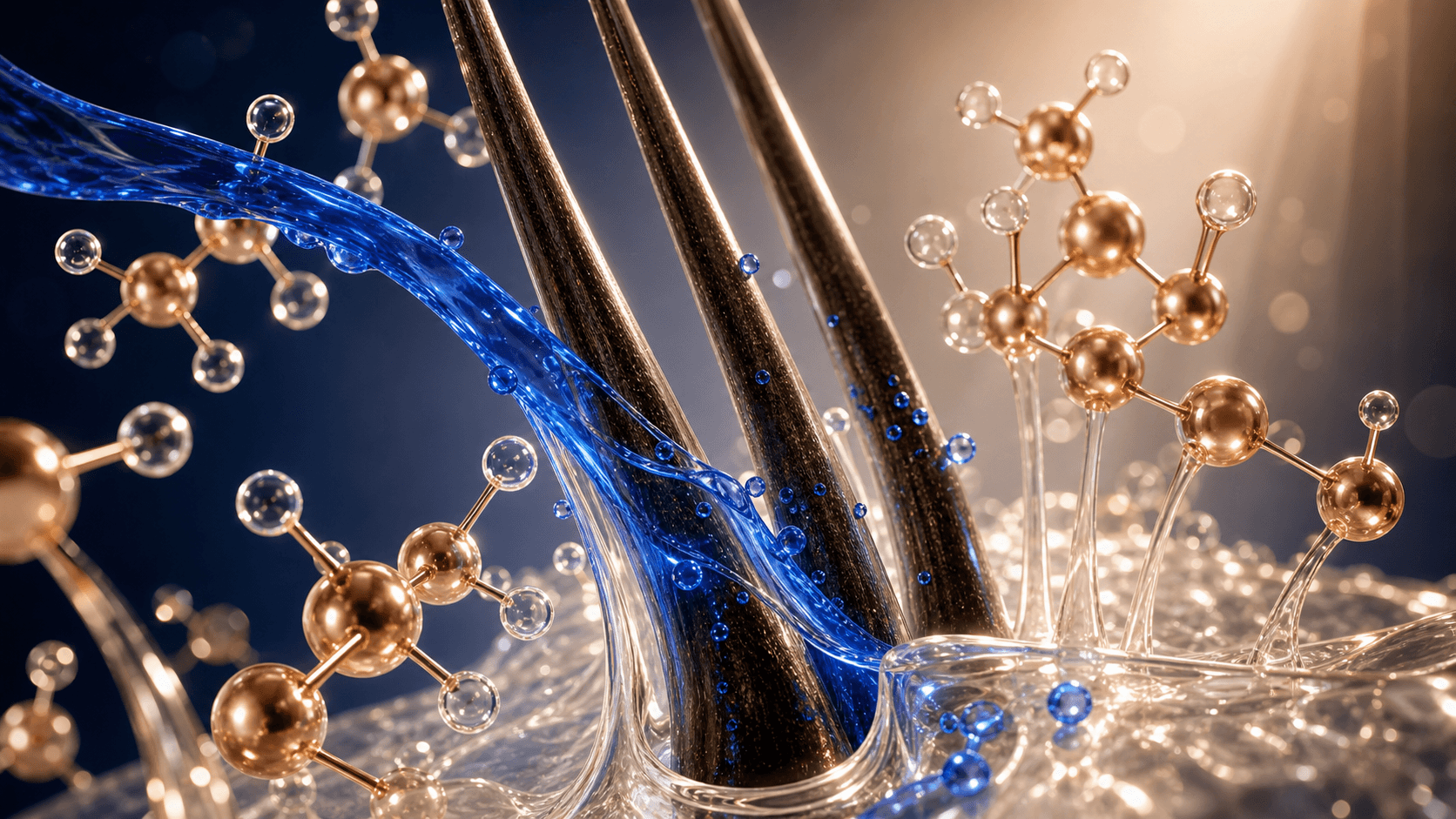 Cobalt peptide serum moving across healthy hair fibers with copper-toned molecular forms