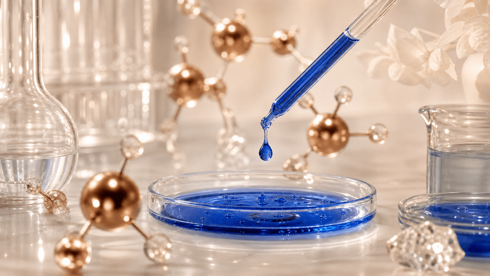 A cobalt copper-peptide serum drip falling from a glass dropper into a petri dish, framed by rose-gold molecular models and laboratory glassware in warm light.