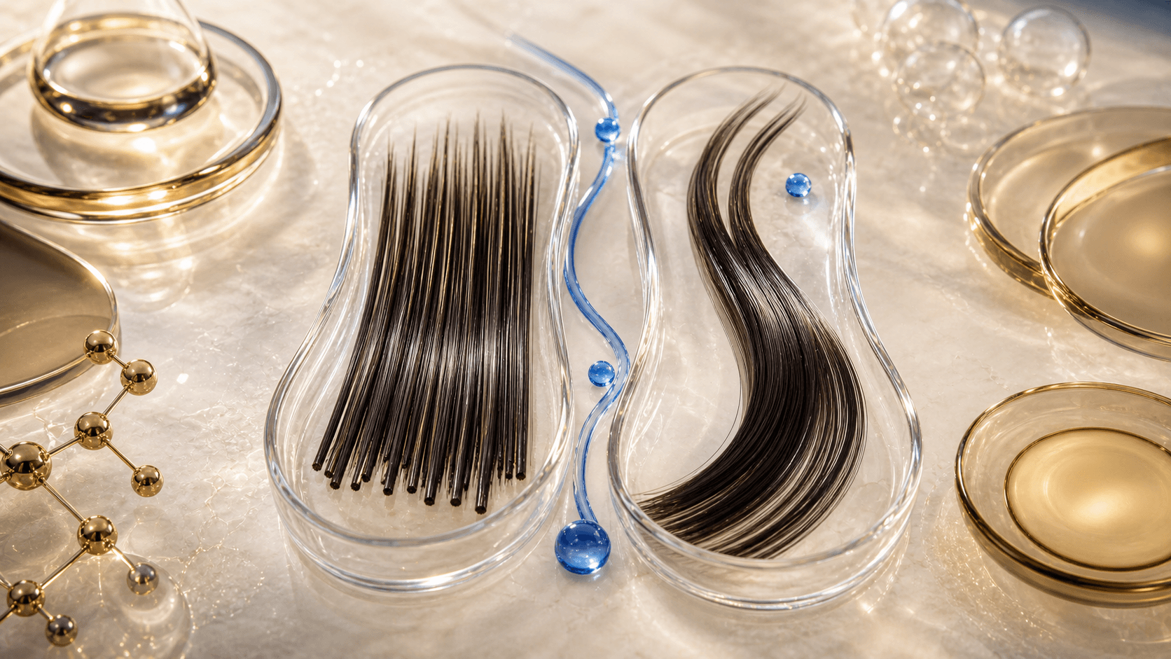 Closely spaced hair fibers beside longer hair strands in glass specimen trays