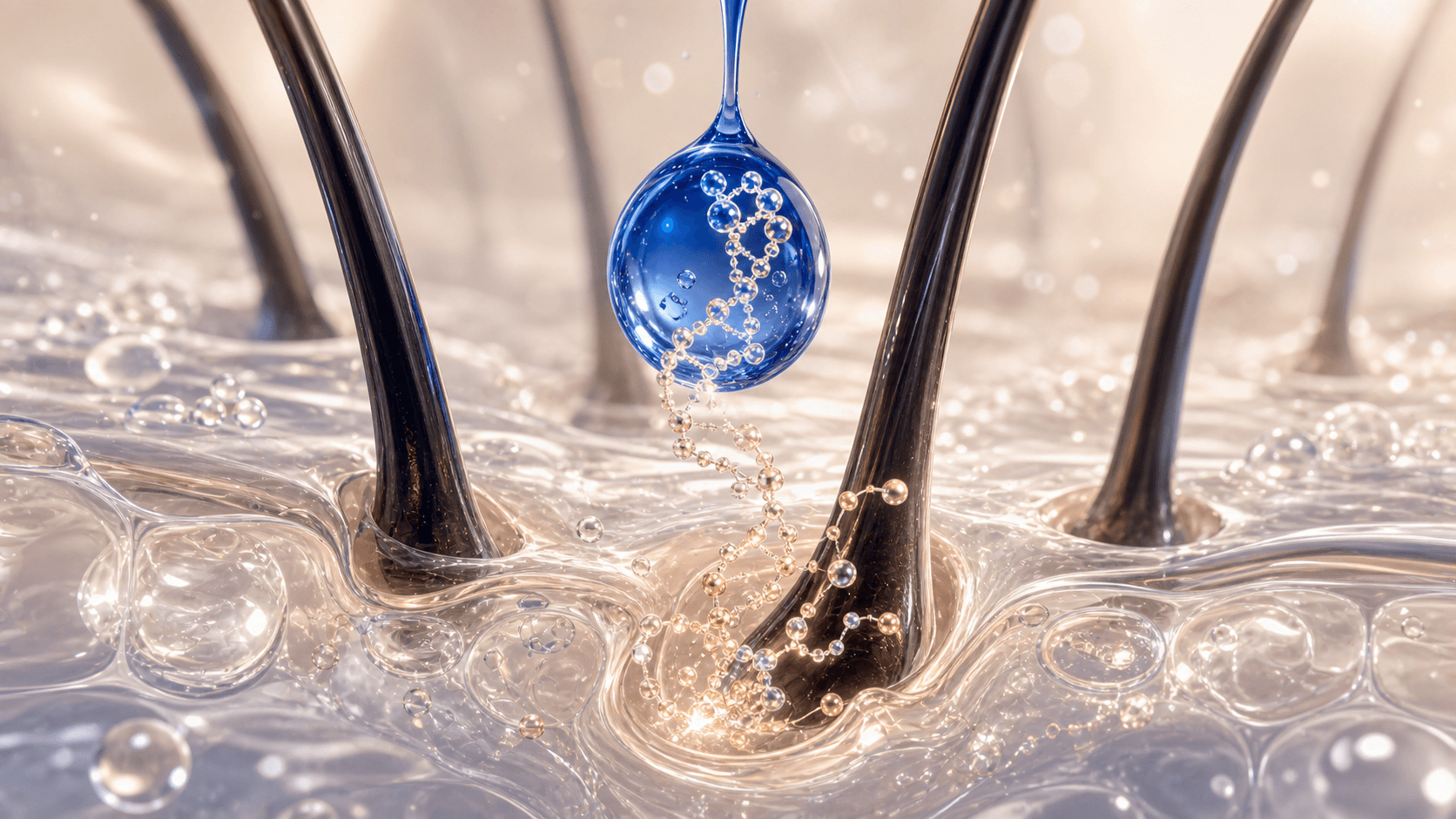 Deep cobalt serum carrying a delicate molecular strand toward healthy hair roots