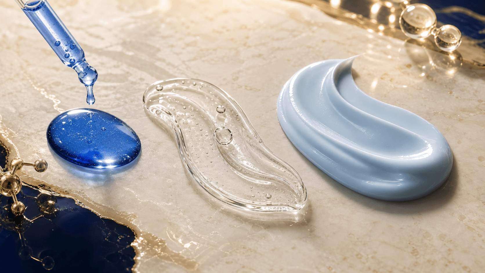 Three skincare textures on gold-veined marble — a blue peptide serum drop, a clear hydrating gel, and a pale ceramide cream — beside a glass dropper and gold molecular models.