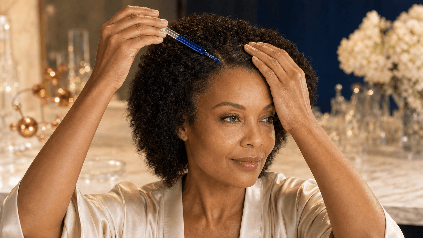 Woman applying cobalt scalp serum along a clean part in her natural textured hair