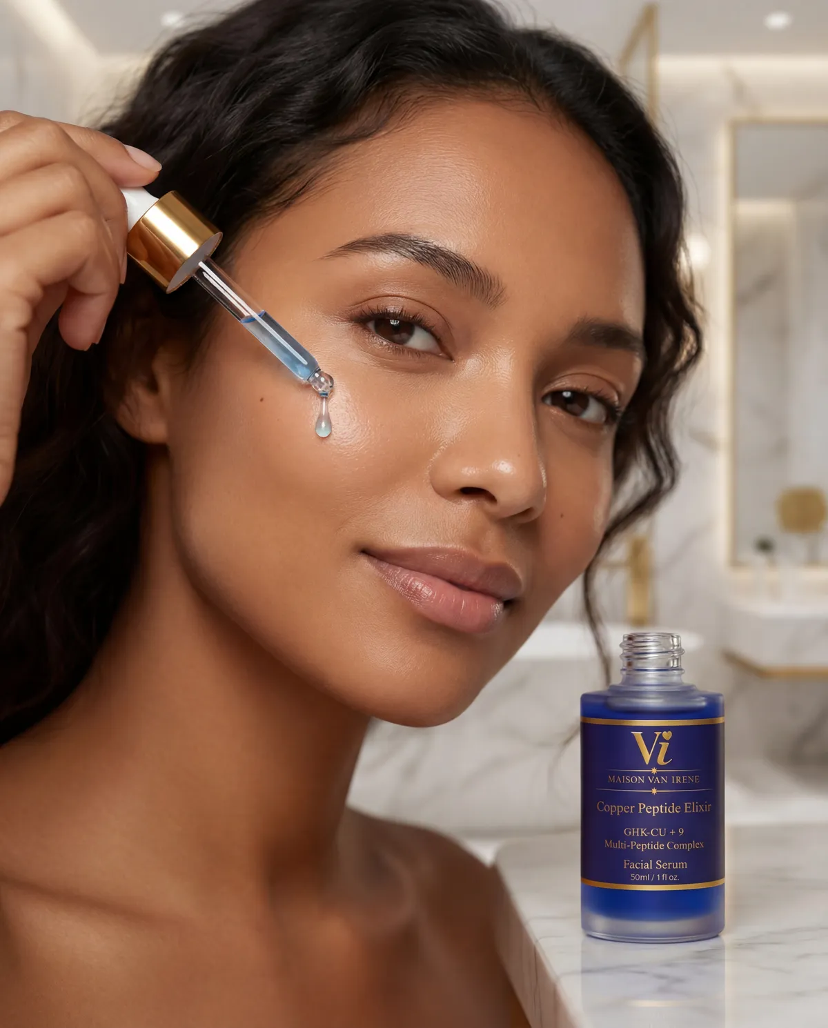 Woman applying Copper Peptide Elixir to face after cleansing — visible absorption and glow