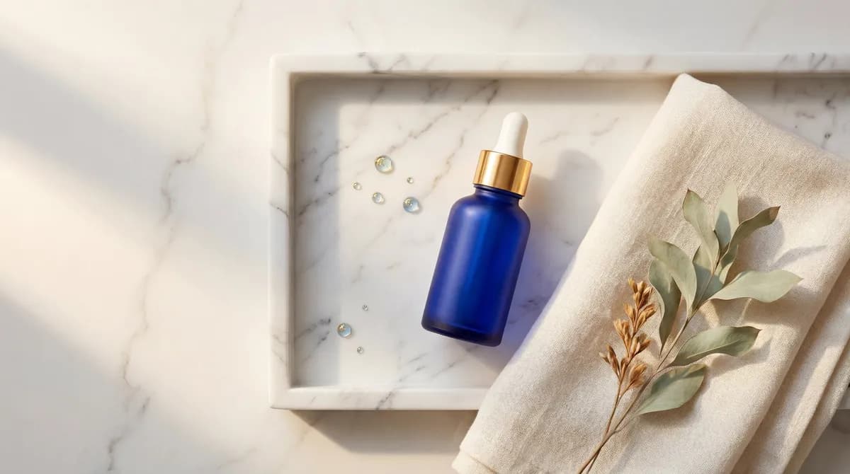 Luxury skincare flat lay featuring Copper Peptide Elixir and Barrier Cream with eucalyptus