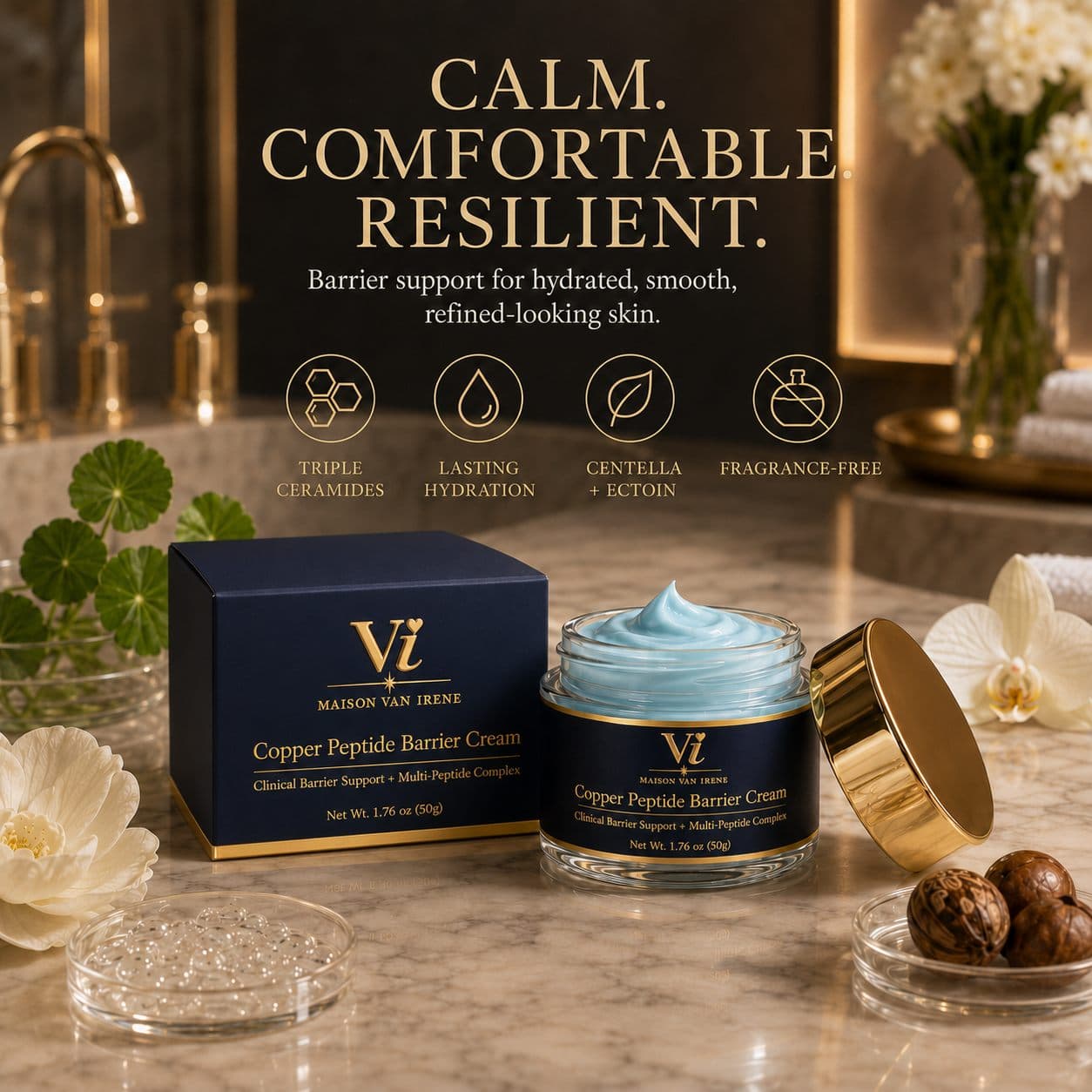 Copper Peptide Barrier Cream benefits — triple ceramides, lasting hydration, centella and ectoin, no added fragrance