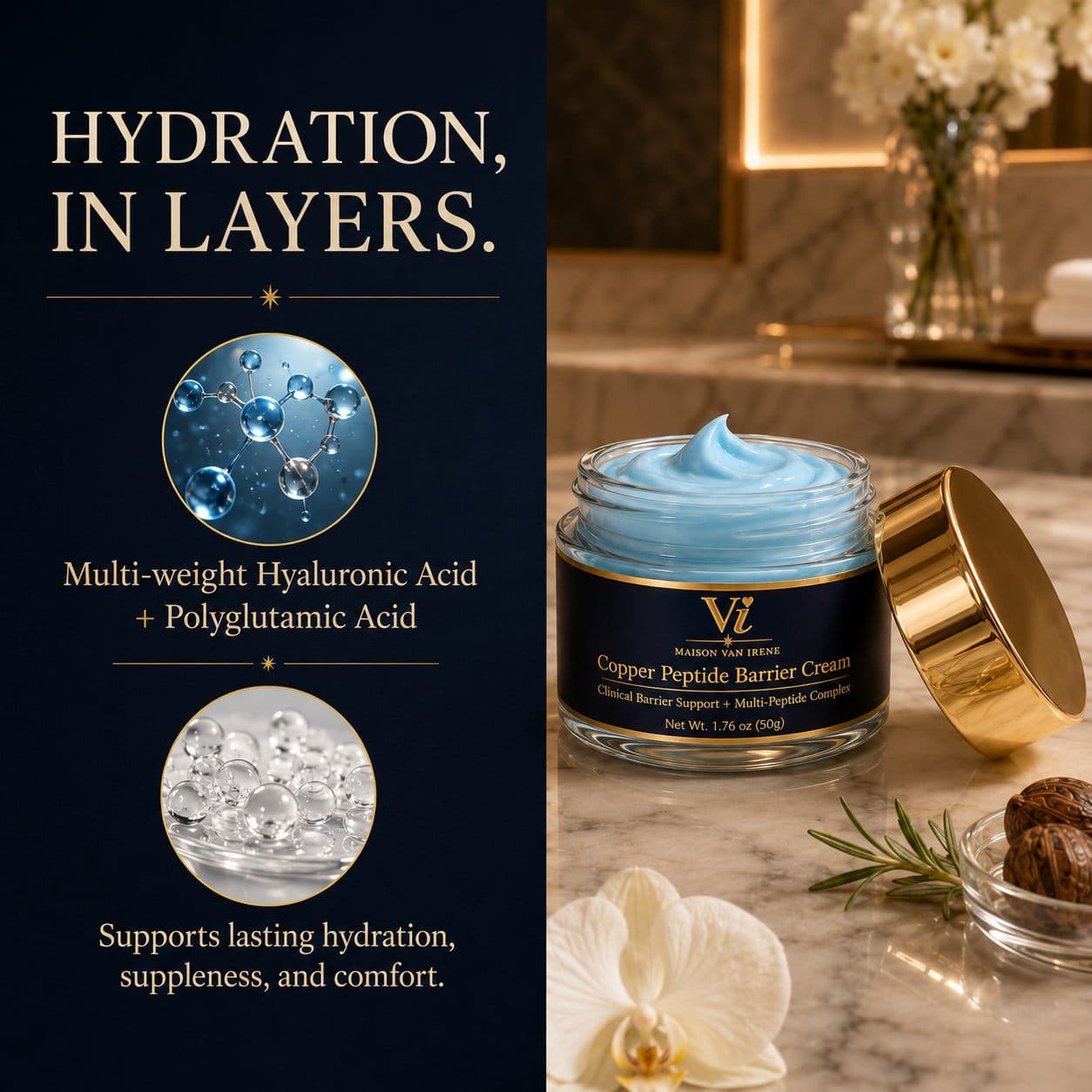 Copper Peptide Barrier Cream hydration in layers — hyaluronic acid and polyglutamic acid for lasting comfort