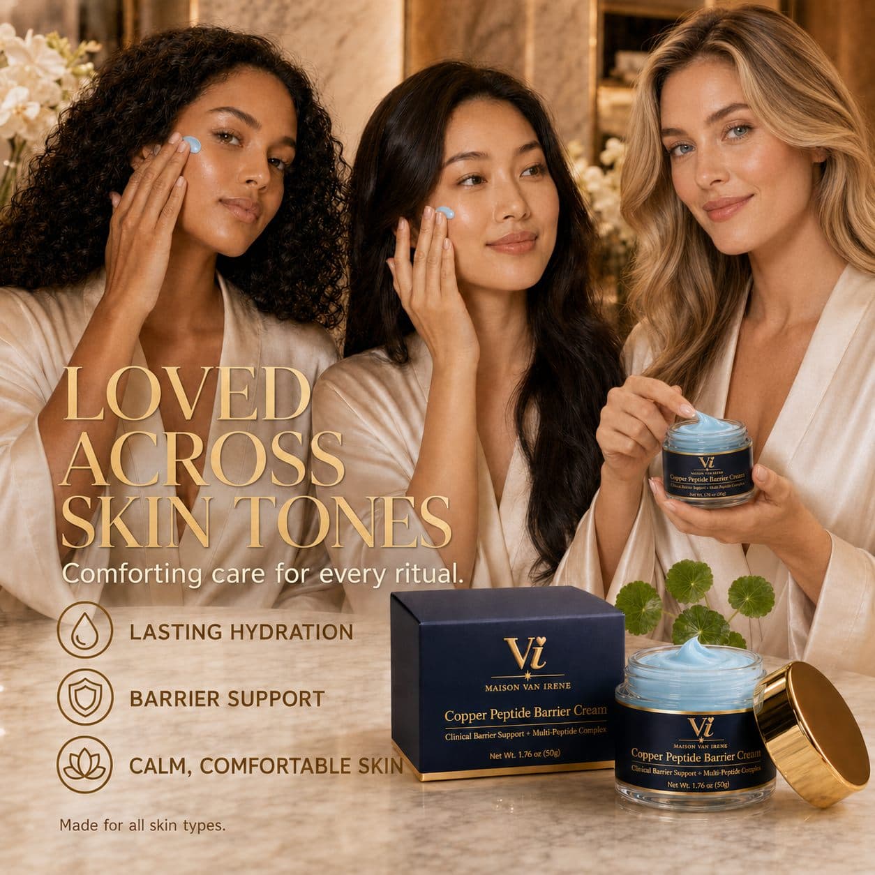 Tres mujeres con distintos tonos de piel aplicando la Copper Peptide Barrier Cream — un cuidado reconfortante para cada ritual