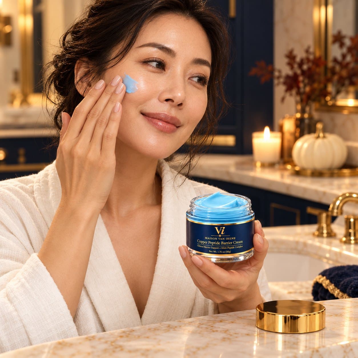 A woman in an ivory robe smoothing the blue Copper Peptide Barrier Cream onto her cheek, jar in hand