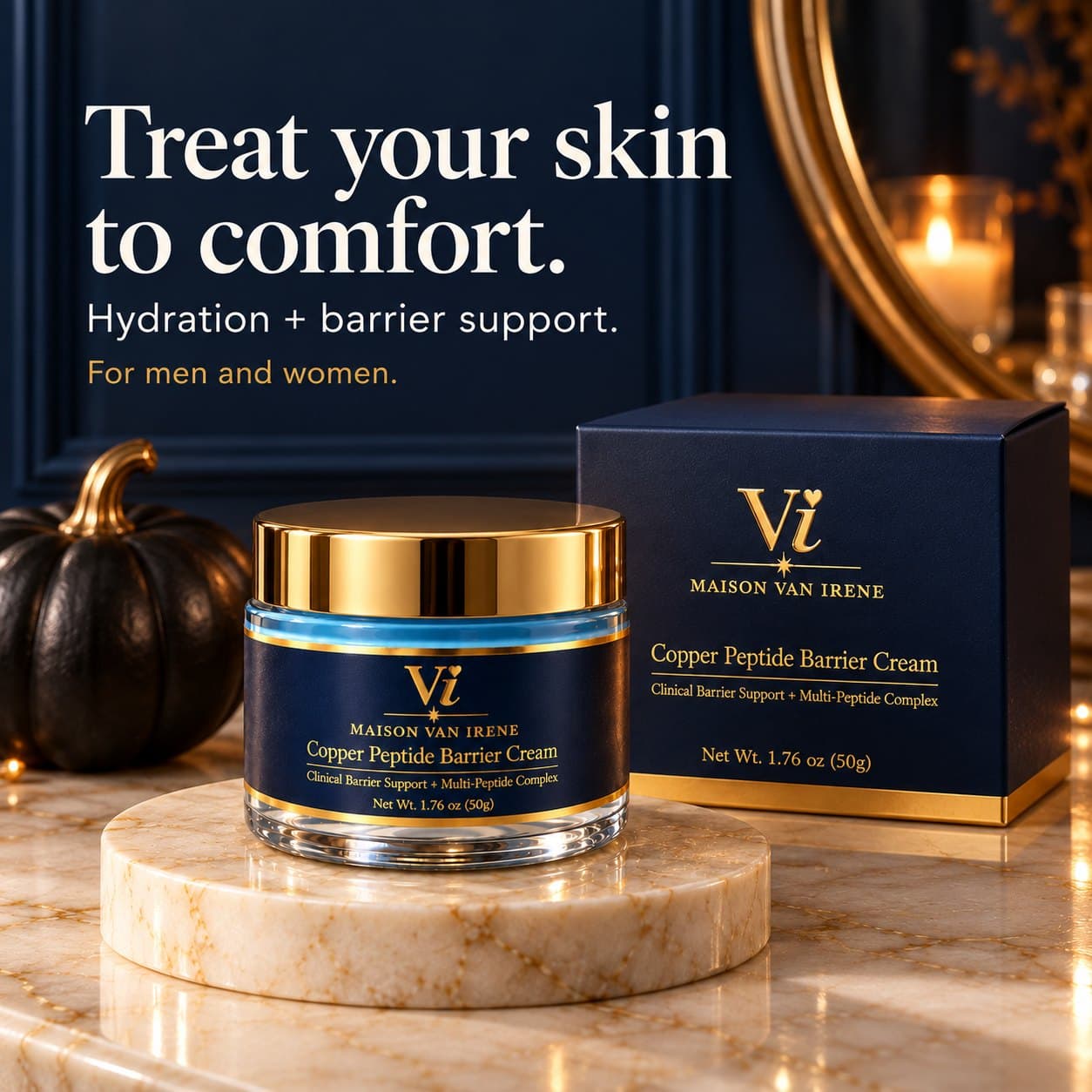 Treat your skin to comfort — Copper Peptide Barrier Cream jar and carton on a candlelit October vanity; hydration and barrier support, for men and women