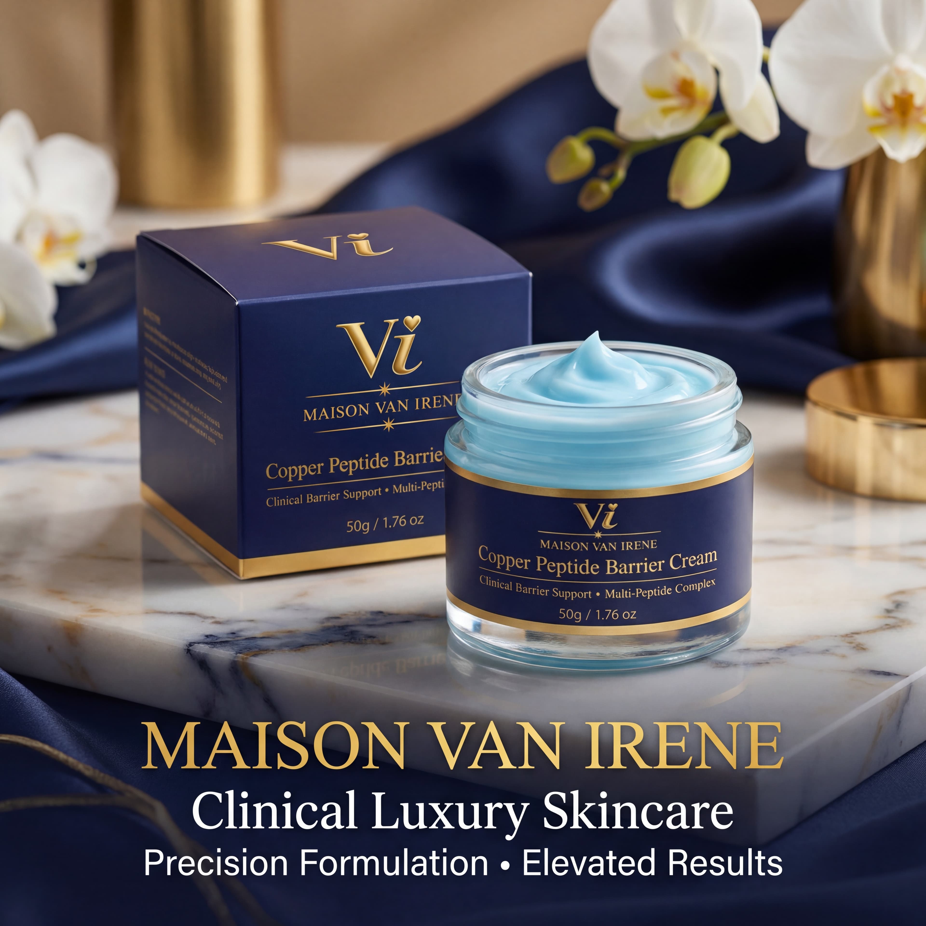 Copper Peptide Barrier Cream on marble with white orchids and navy silk — clinical luxury skincare