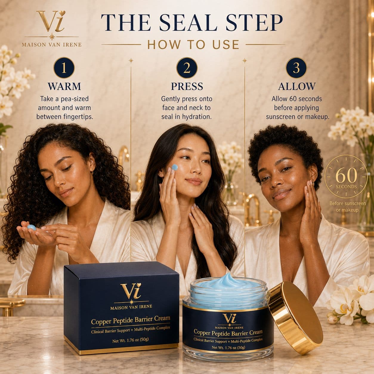 The Seal Step — how to use Copper Peptide Barrier Cream: warm a pea-sized amount, press onto face, allow 60 seconds