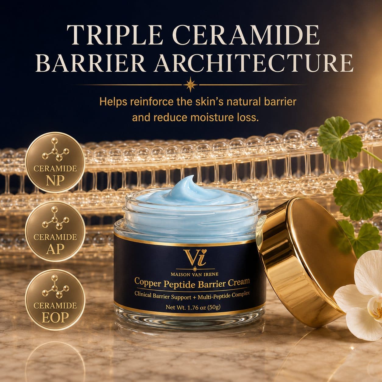 Arquitectura de triple ceramida de la Copper Peptide Barrier Cream — las ceramidas NP, AP y EOP ayudan a reforzar la barrera cutánea