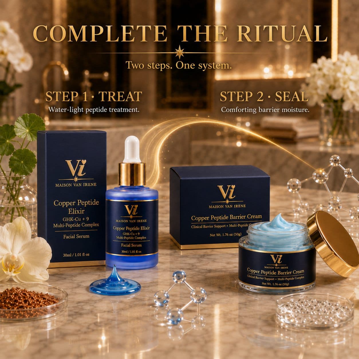 Completa el Ritual — el Copper Peptide Elixir trata, la Copper Peptide Barrier Cream sella; dos pasos, un sistema