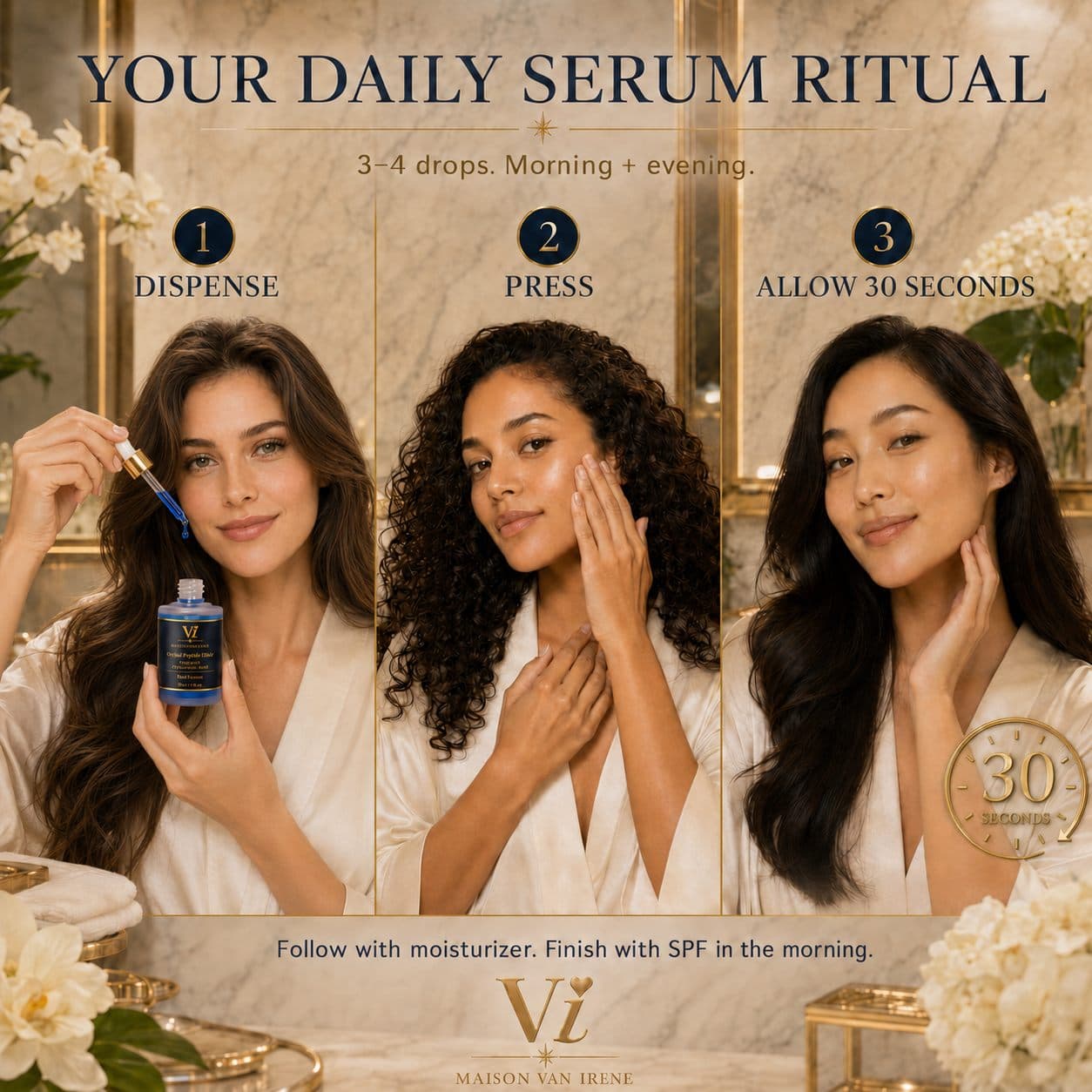 Your daily serum ritual — dispense 2-3 drops of Copper Peptide Elixir, press onto skin, allow 30 seconds
