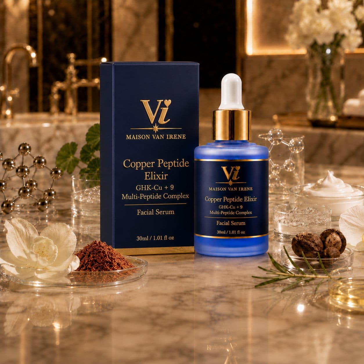 Frasco y estuche del Copper Peptide Elixir de Maison Van Irene con gránulos de péptidos de cobre — sérum facial de lujo clínico