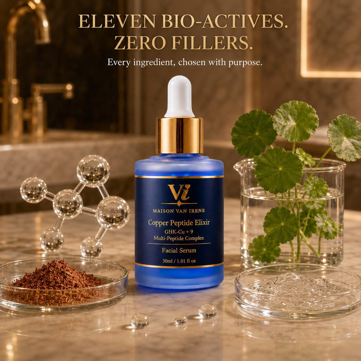 Copper Peptide Elixir — eleven highlighted bioactives; every ingredient chosen with purpose