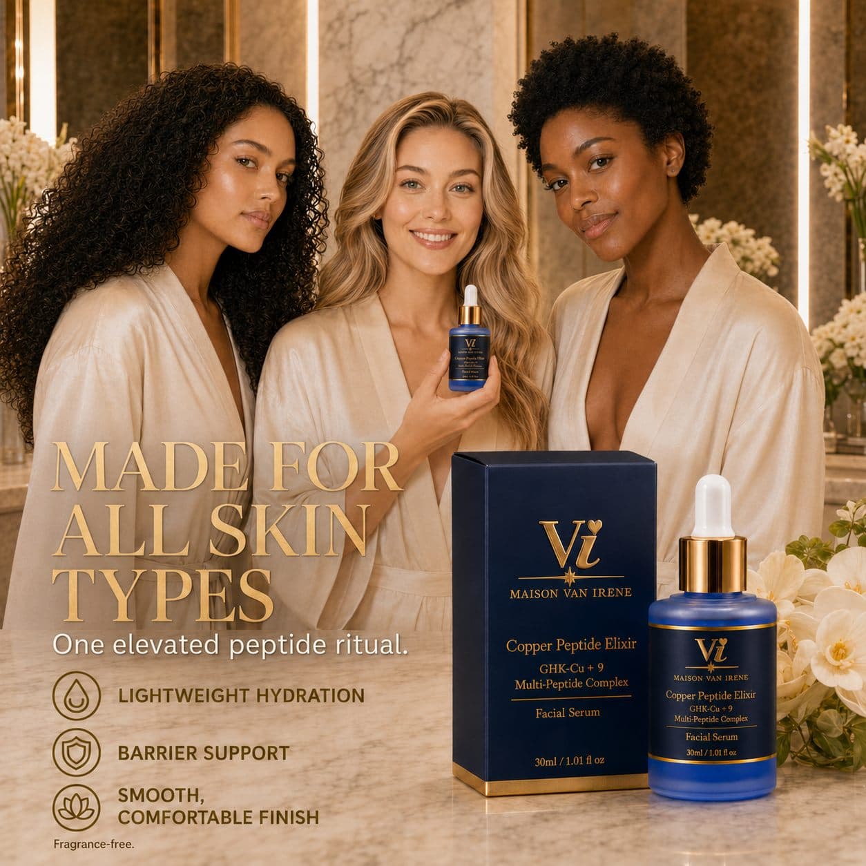 Three women with different skin tones with Copper Peptide Elixir — made for all skin types, no added fragrance