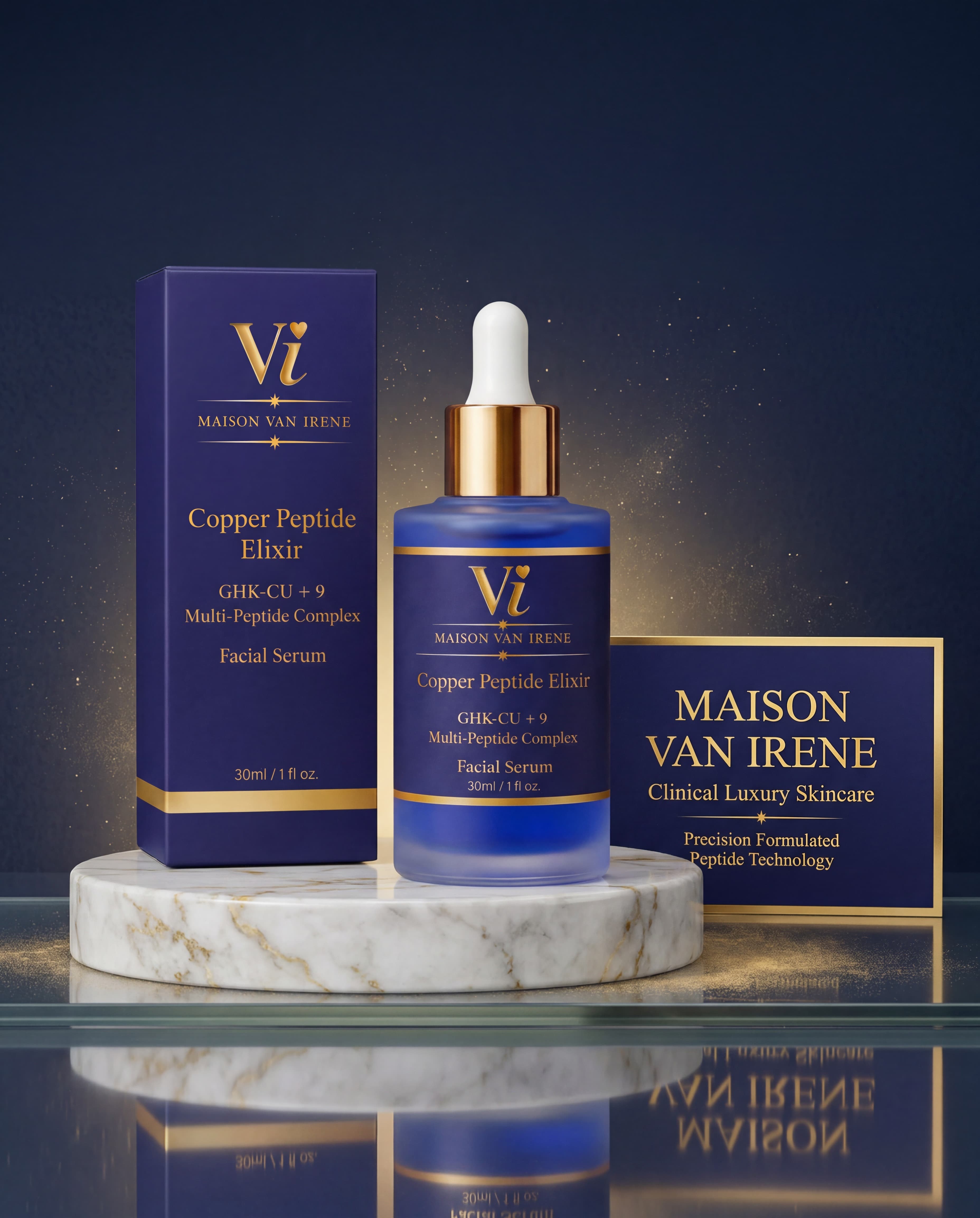 Maison Van Irene Copper Peptide Elixir on a marble podium with brand card — clinical luxury skincare