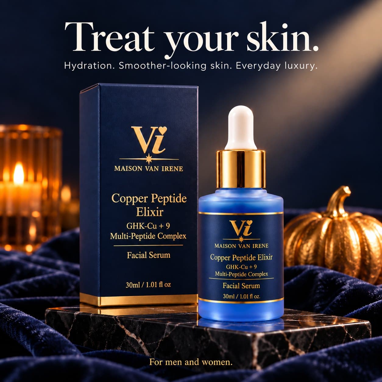 Treat your skin — Copper Peptide Elixir bottle and carton beside a navy velvet pumpkin; hydration, smoother-looking skin, for men and women