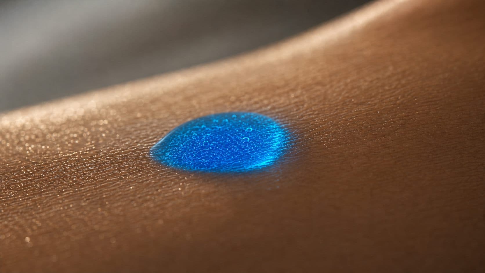 Primer plano macro del Copper Peptide Elixir: gota de sérum azul, ligera como el agua, con burbujas finas sobre una piel luminosa