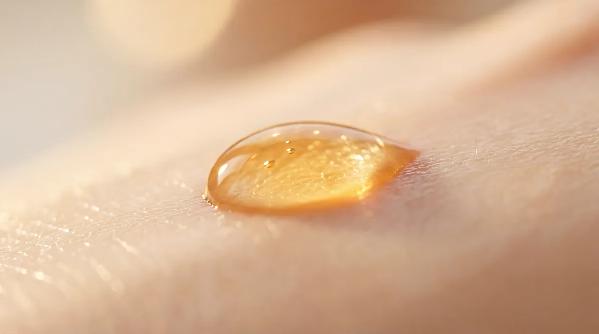 Macro close-up of Copper Peptide Elixir: silky golden serum droplet on luminous skin