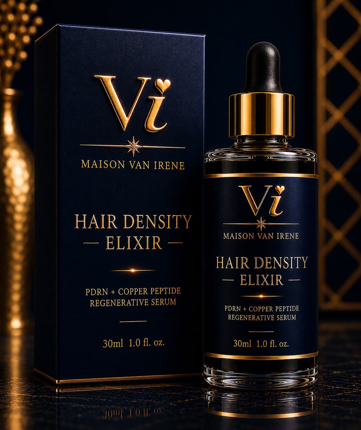Maison Van Irene Hair Density Elixir — frosted navy bottle and gold-foil carton, PDRN + copper peptide serum