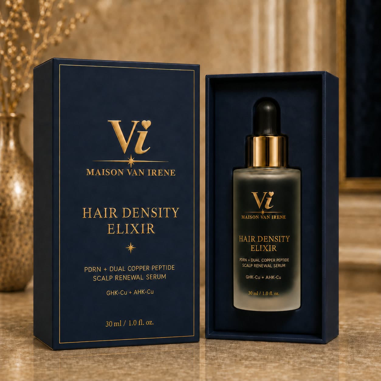 Hair Density Elixir — gold-foil navy carton and frosted dropper bottle in its navy presentation box