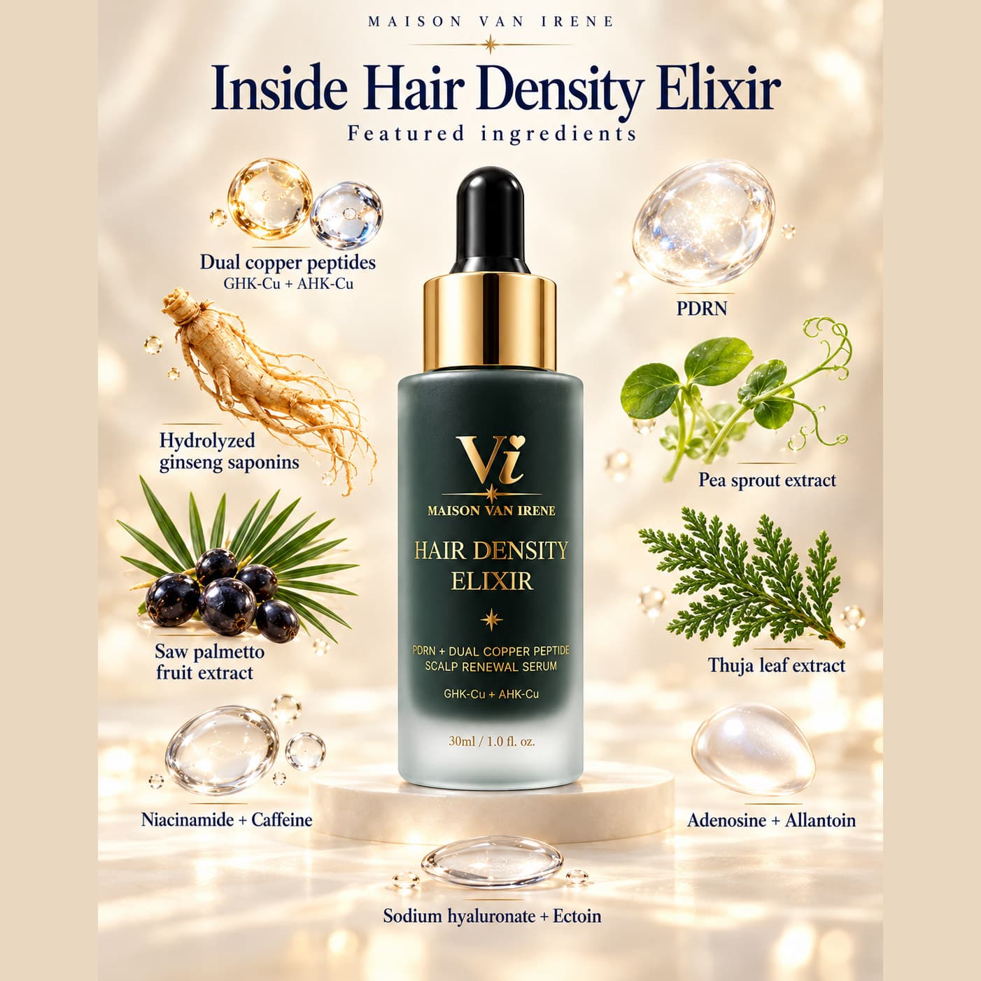 Inside Hair Density Elixir — featured ingredients: dual copper peptides, PDRN, ginseng saponins, pea sprout, saw palmetto