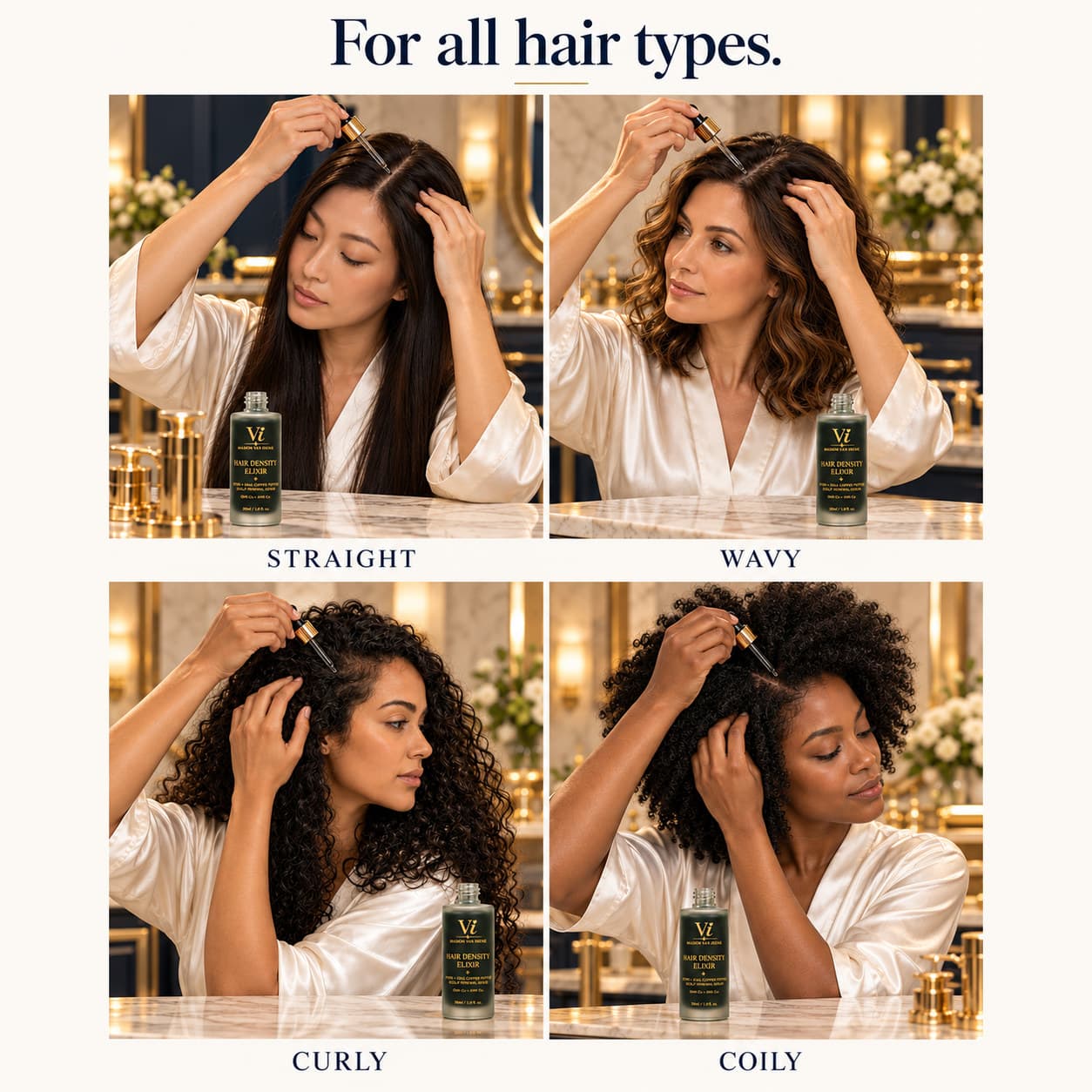 Hair Density Elixir for all hair types — four women applying the scalp serum to straight, wavy, curly and coily hair