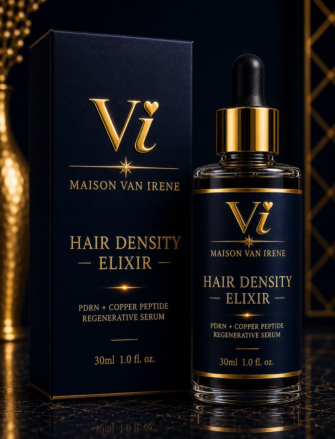 Hair Density Elixir close-up — navy glass dropper bottle with gold collar beside the embossed carton
