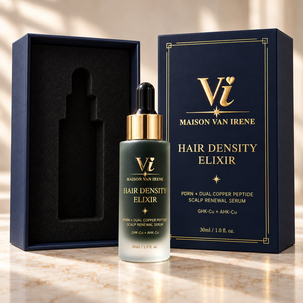 Maison Van Irene Hair Density Elixir — PDRN + Dual Copper Peptide Scalp Renewal Serum with its presentation box and carton