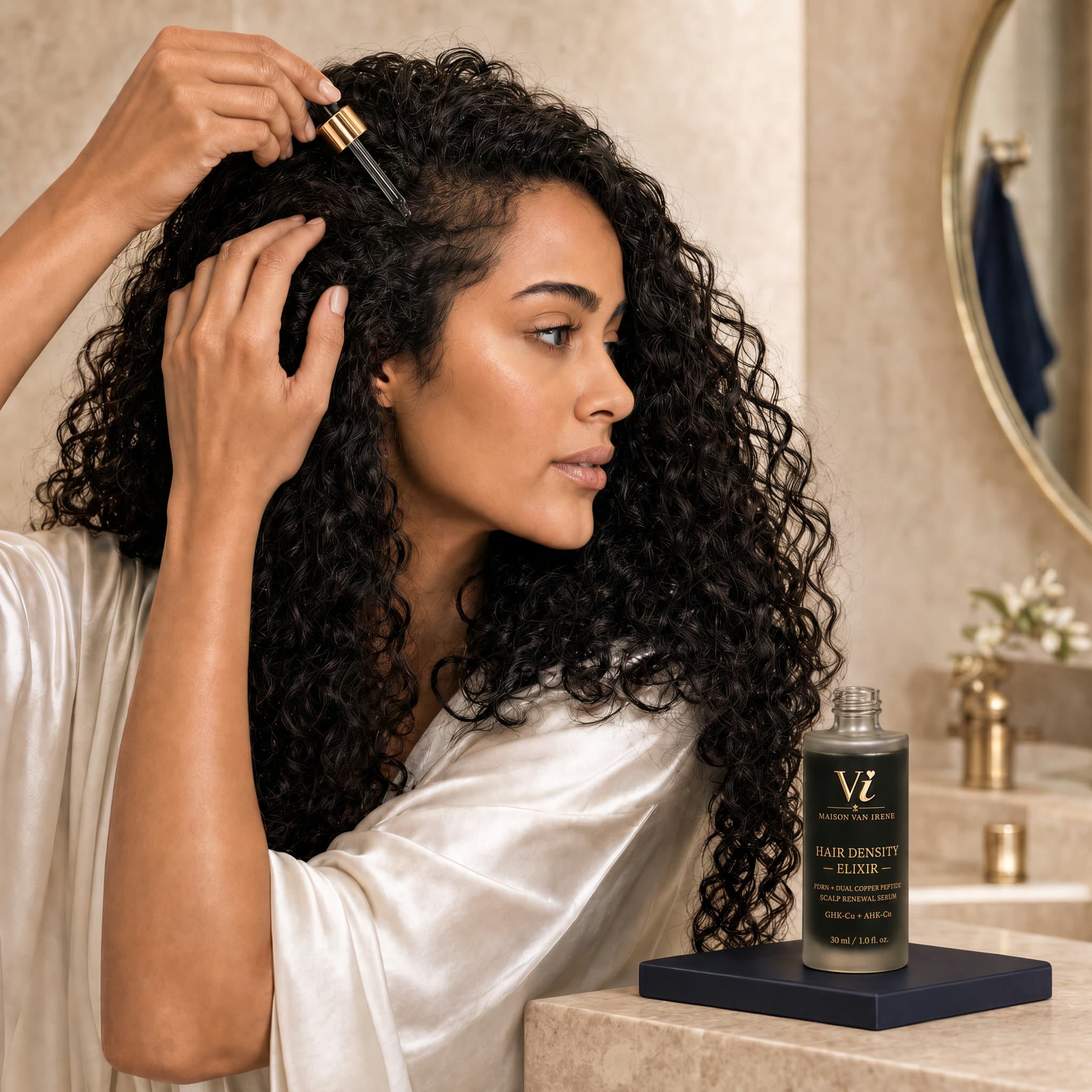 Hair Density Elixir scalp application — woman parts her curls to apply the dropper, frosted bottle on a navy tray