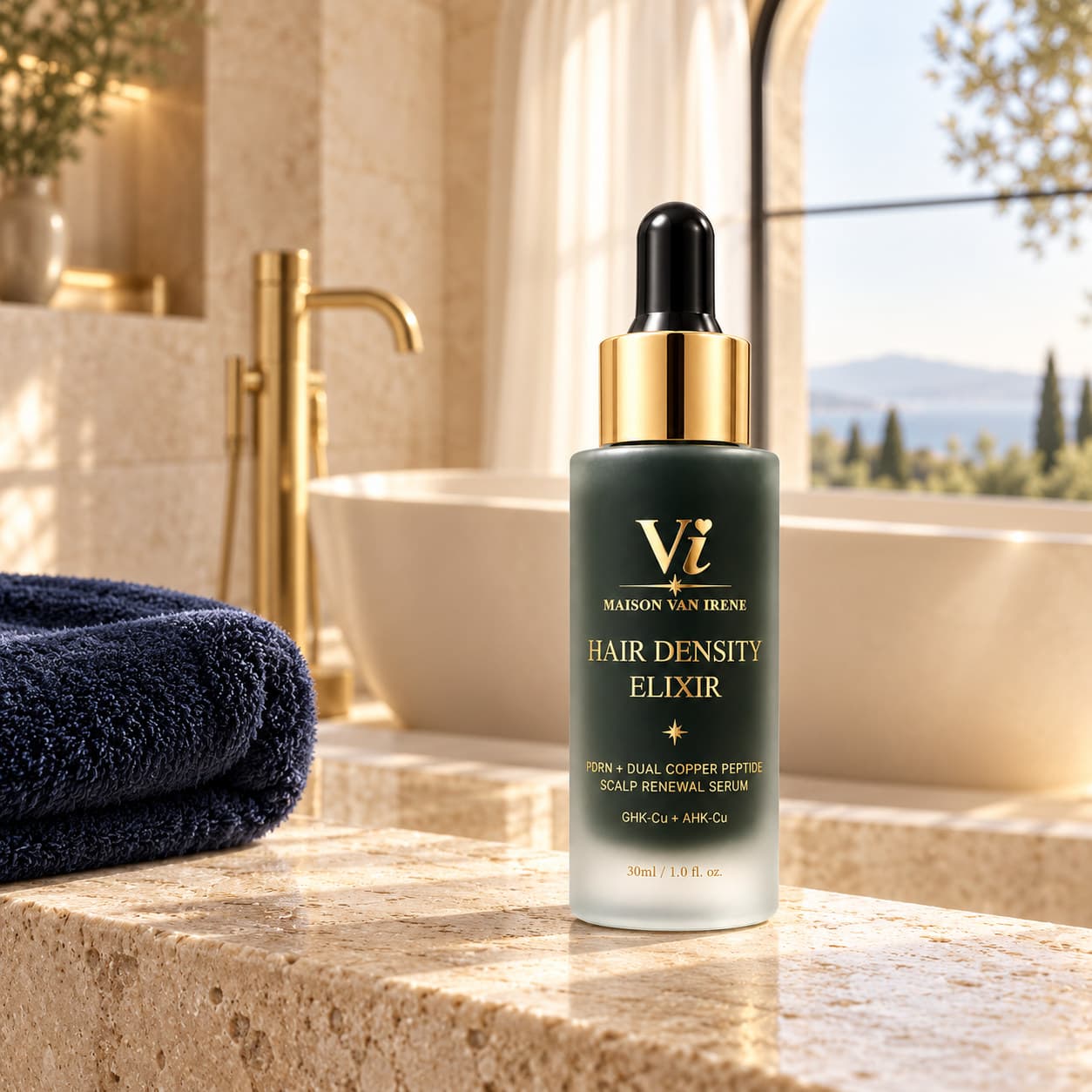 Hair Density Elixir PDRN scalp serum on a marble vanity in a sunlit luxury bathroom