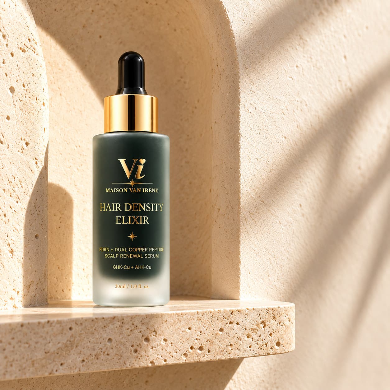 Hair Density Elixir scalp renewal serum — 30ml dropper bottle in a sunlit travertine arch