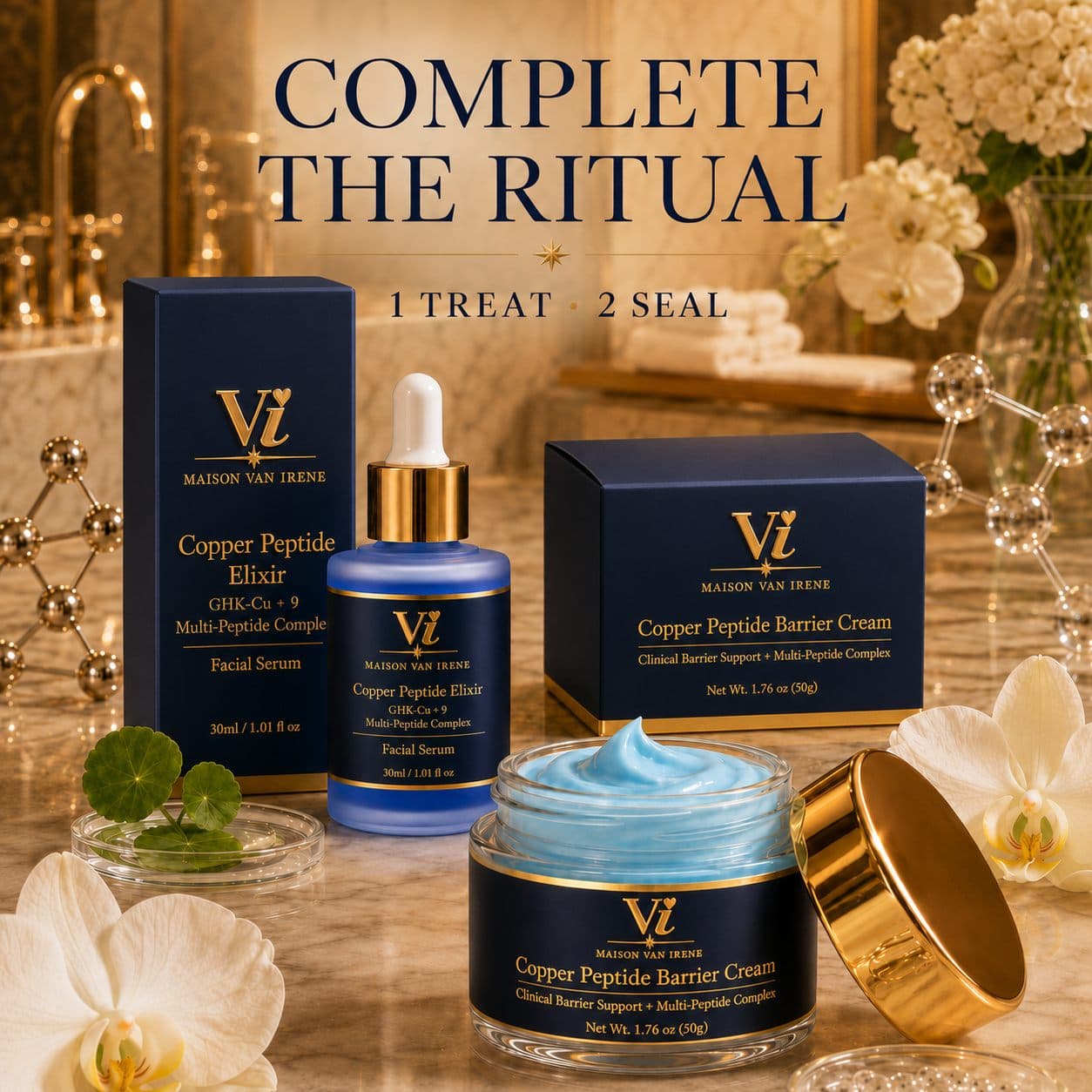 Presentación de El Ritual completo: Copper Peptide Elixir y Barrier Cream con sus estuches sobre un tocador de mármol a la luz de las velas