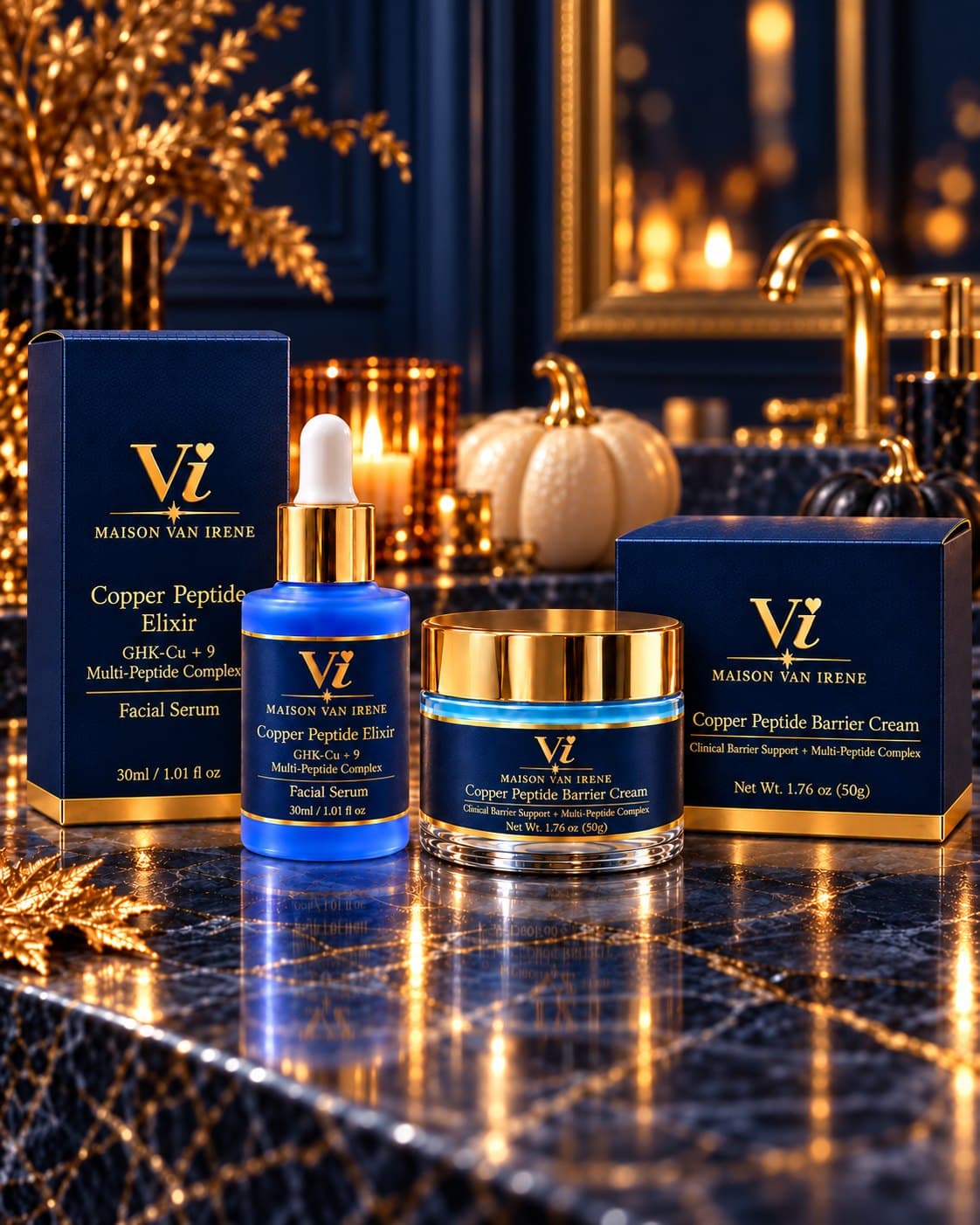 The Maison Van Irene Ritual — Copper Peptide Elixir and Barrier Cream with both cartons on a dark marble vanity, candlelight, white and black pumpkins and gold leaves — portrait crop for product cards