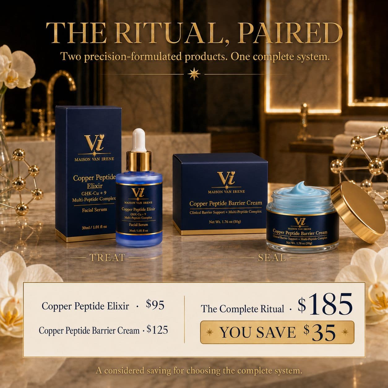 El Ritual en pareja: Copper Peptide Elixir y Barrier Cream — el sistema completo por $185 USD, con un ahorro de $35 USD