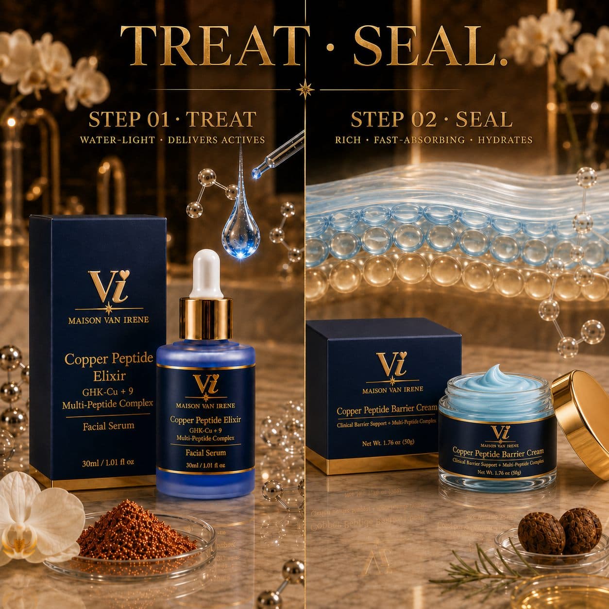 Las texturas de El Ritual: el Copper Peptide Elixir, ligero como el agua, aporta los activos; la Barrier Cream, rica y de rápida absorción, sella