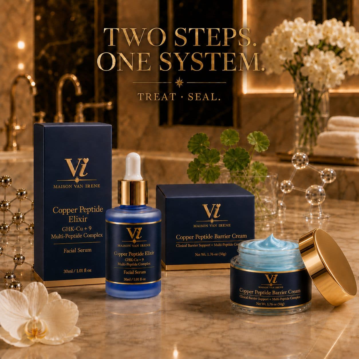 El Ritual de Maison Van Irene — Copper Peptide Elixir y Barrier Cream: dos pasos, un sistema, sobre un tocador de mármol dorado