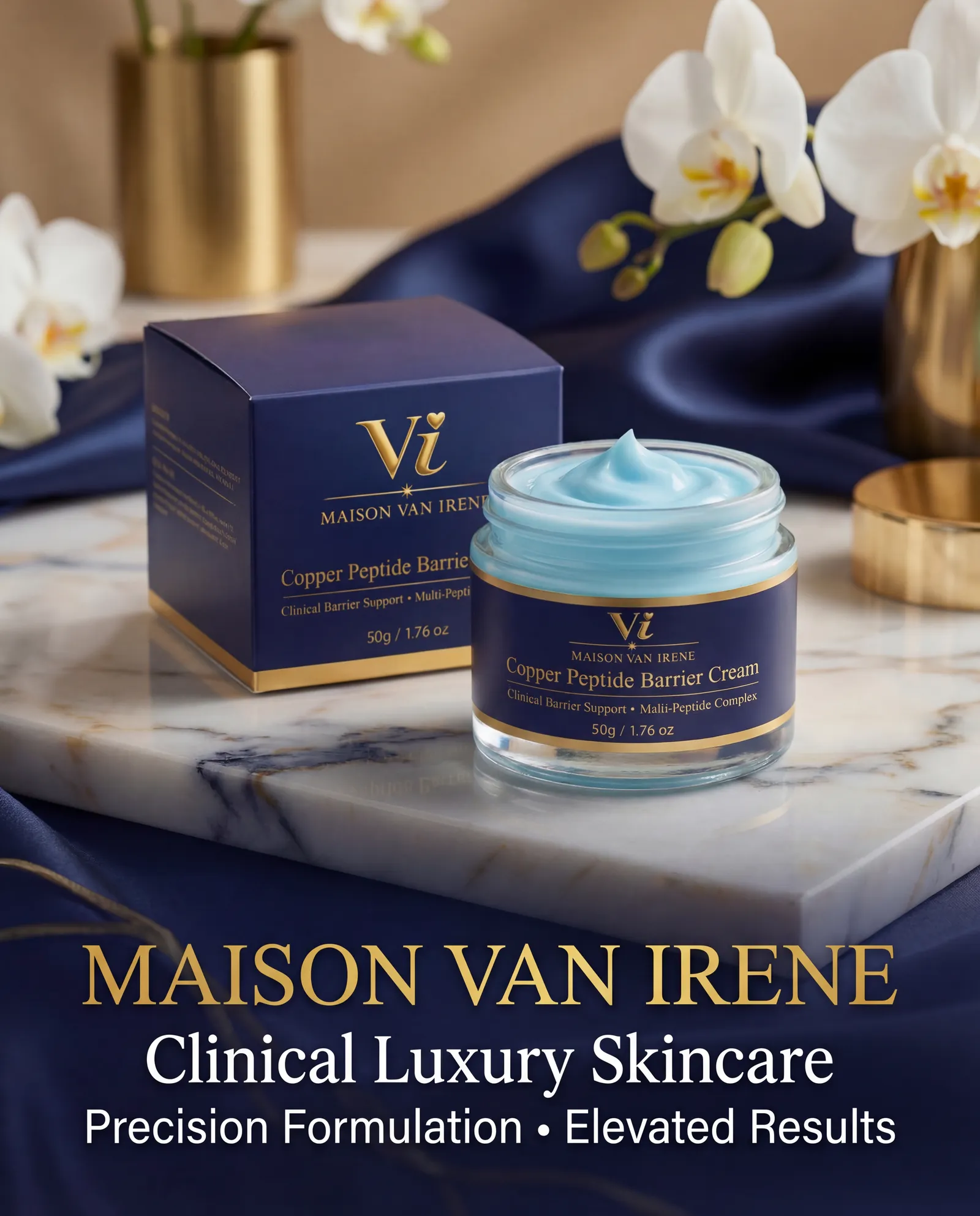 Copper Peptide Barrier Cream jar with gold lid and navy packaging by Maison Van Irene