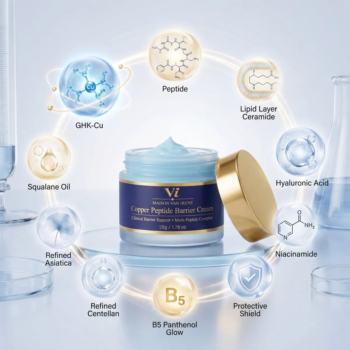 Copper Peptide Barrier Cream jar with ingredient callouts including GHK-Cu, ceramides, and hyaluronic acid